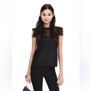 Banana Republic Black Geo Lace Ruffle Flutter Sleeve Top with Cami Liner